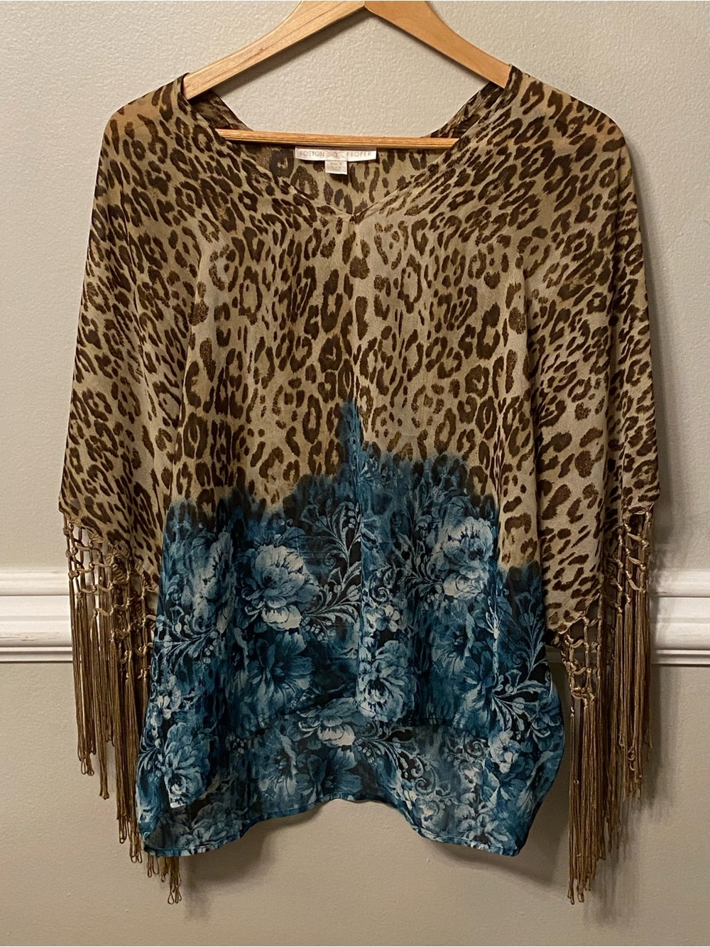 Boston Proper Leopard Print Tunic with Teal Floral Fringe
